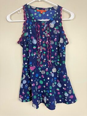 Mod Cloth Scalloped Tank Top Womens XS Polka Dot Blue Pink Peplum Shirt y2k